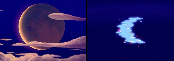 5. В "Аладдине" в сцене с песней герои летят на ковре-самолете на фоне полной луны, а в воде тем временем отражается месяц.