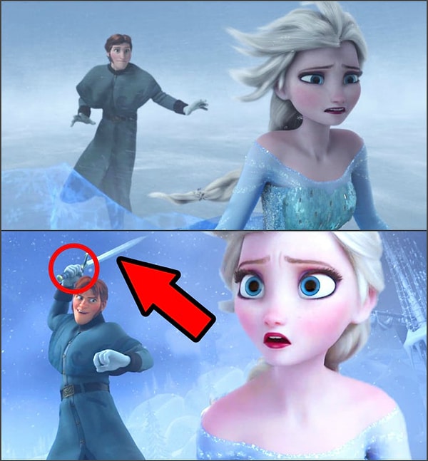 9. Когда в "Холодном сердце" Ханс сообщает Эльзе, что Анна погибла, нет никаких признаков того, что у него при себе есть оружие, однако секунду спустя он непонятно откуда выхватывает огромный меч.