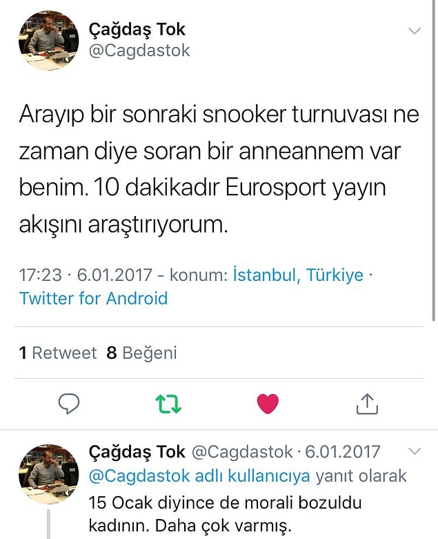 Fatma Teyze'ye torunu Snooker maçları izletmeye başladı. Yavaş yavaş kurallarını, oyuncularını, hatta onların özel hayatını takip etmek onu epey sardı.