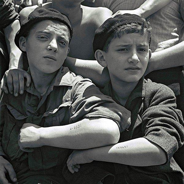 Auschwitz Nazi Toplama Kampı'ndan kurtarılan gençler 15 Temmuz 1945'te mülteci gemisinde kampta yapılan dövmelerini gösteriyorlar.