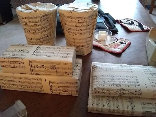 14. Old music paper also makes for great gift-wrapping.