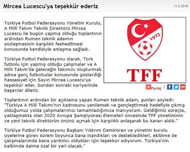 TFF'den yapılan açıklamada, yönetim kurulunun Lucescu ile gerçekleştirdiği toplantının ardından sözleşmesinin karşılıklı feshedilmesi konusunda Rumen teknik adamla anlaşmanın sağlandığı belirtildi.