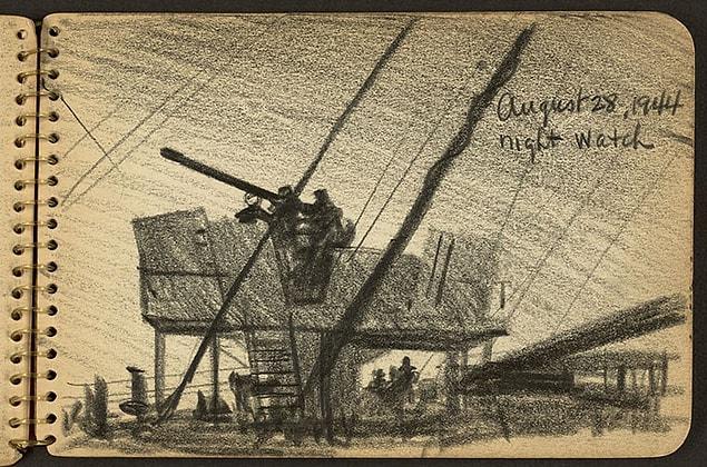 Soldiers on watch tower and deck of ship at night, August 28.
