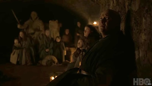 Also you can see a very scared Varys hiding out in the Winterfell Crypt with the women and children.