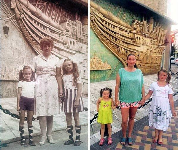 26. "Soldaki fotoğrafta annem ve kız kardeşimle birlikteyken, sağda 30 yıl sonra kendi kızlarımlayım."