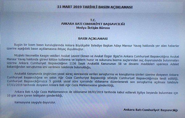 Ankara Batı Cumhuriyet Başsavcılığı'nın Mansur Yavaş hakkında düzenlenen iddianameyle ilgili yaptığı yazılı açıklamada, müşteki Necmettin Kesgin vekilleri Avukat Levent Ekmen ve Avukat Özgür Ilgaz olarak belirtilmişti.
