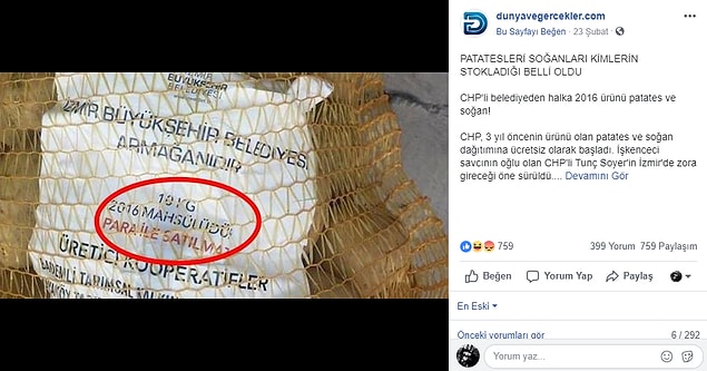 5. "İzmir Büyükşehir Belediyesi’nin seçim kampanyası için 2016 tarihli stok patates ve soğan dağıttığı iddiası."
