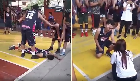 Basketbol Maçında Sakatlanma Numarası Yaparak Evlilik Teklifi Yapan Adam