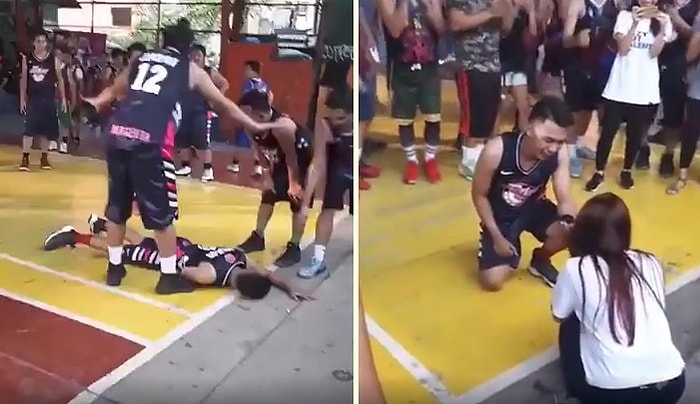 Basketbol Maçında Sakatlanma Numarası Yaparak Evlilik Teklifi Yapan Adam