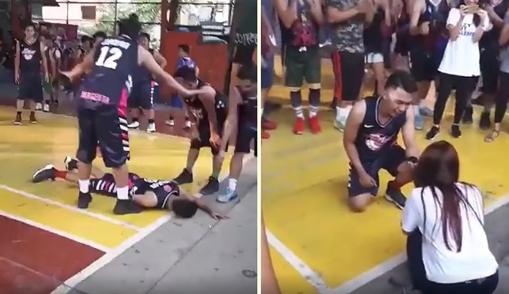 Basketbol Maçında Sakatlanma Numarası Yaparak Evlilik Teklifi Yapan Adam