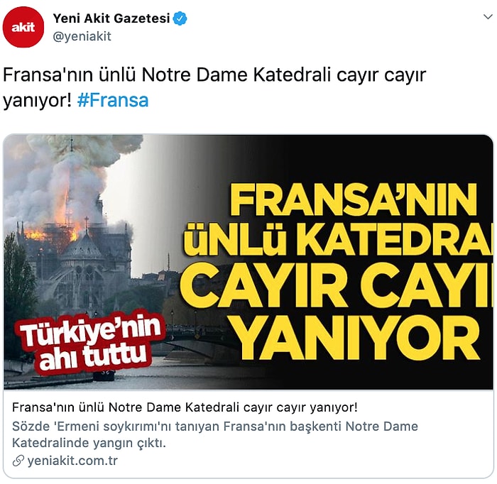 Yeni Akit'in, Notre Dame Katedrali Paylaşımı Tepkilerin Odağında: 'Türkiye'nin Ahı Tuttu, Cayır Cayır Yanıyor'