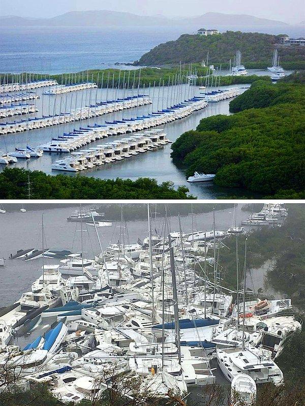 4. Irma Kasırgası öncesi ve sonrası Paraquita Körfezi (Britanya Virjin Adaları)