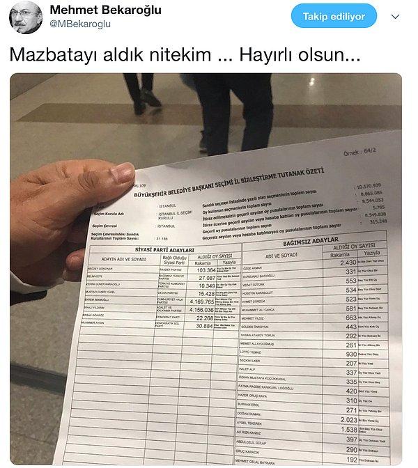 CHP İstanbul Milletvekili Mehmet Bekaroğlu sonuç tutanağını paylaştı: Ekrem İmamoğlu 4 milyon 169 bin 765, Binali Yıldırım 4 milyon 156 bin 36 oy aldı