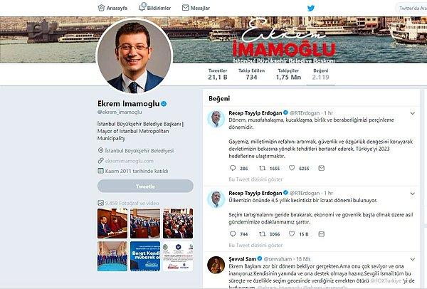 İBB Başkanı Ekrem İmamoğlu'nun, Cumhurbaşkanı Erdoğan'ın iki tweetini beğendiği görüldü.