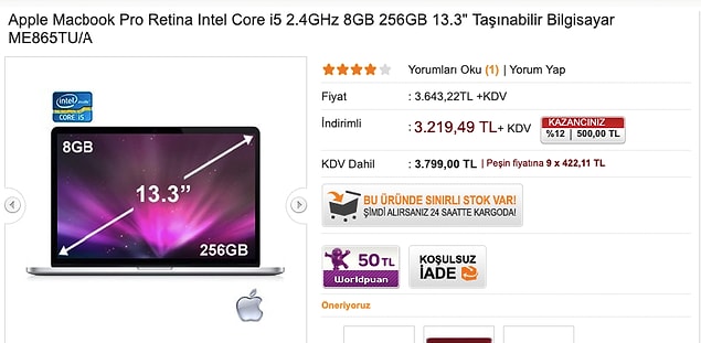 2014 Macbook Pro 3.799 TL