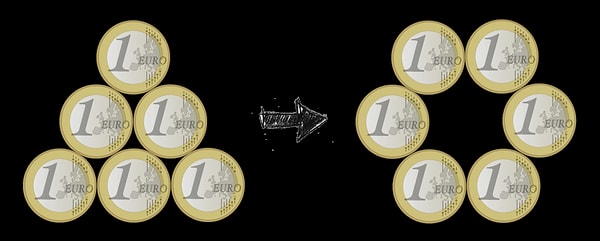 4. Как реорганизовать 6 монет из треугольника в кольцо за 4 шага?