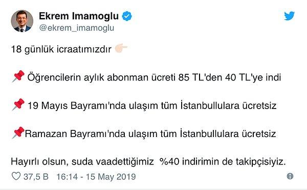 Ekrem İmamoğlu Twitter hesabından '18 günlük icraatımızdır' dedi ve ekledi: 'Suda vaadettiğimiz %40 indirimin de takipçisiyiz'