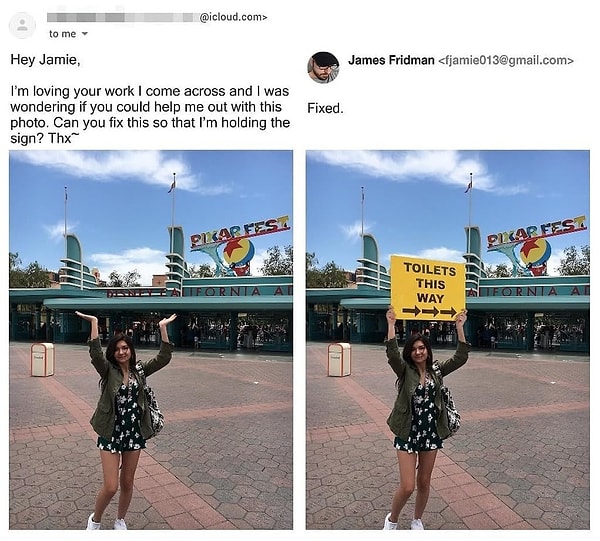 6. "Можешь изменить фотографию, чтобы я держала табличку?"