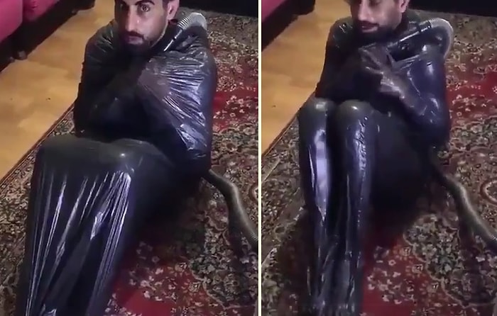 Çöp Poşetinin İçine Girip Süpürgeyle de Kendini Vakumlatan Bir Değişik Adam