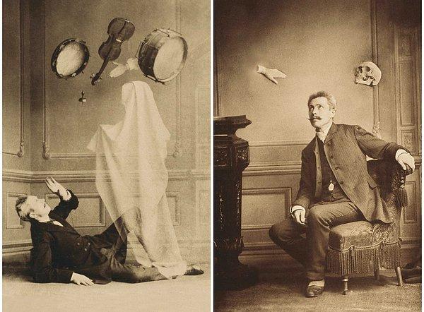 1866 yılında çekilmiş bu fotoğrafta Alman illüzyonist Jacoby-Harms, havaya uçurduğu eşyalara şaşkınlıkla bakıyor.