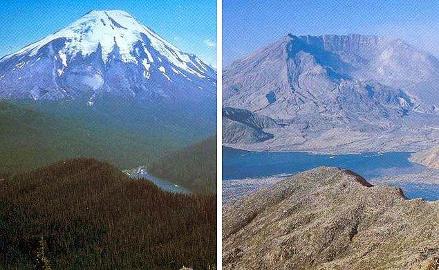 14. Bir volkanın patlamadan öncesi ve sonrası.