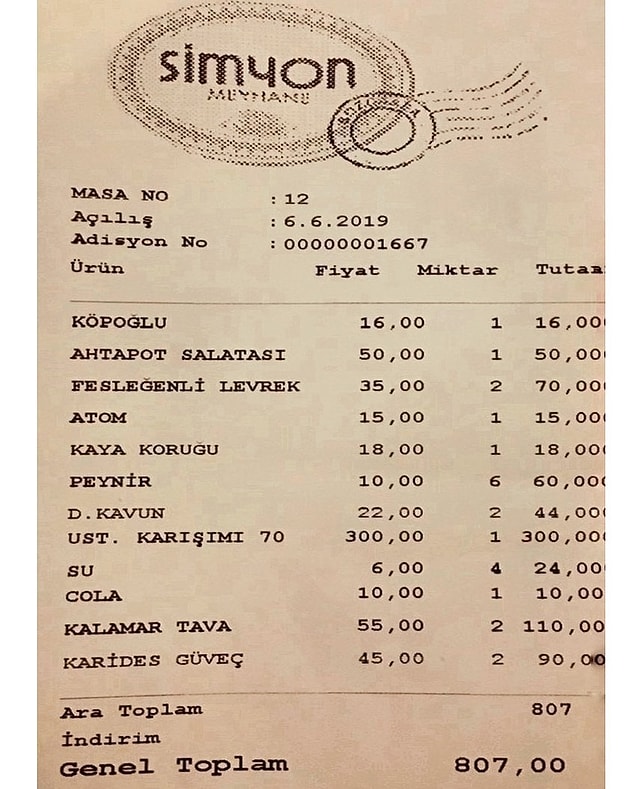 6. Bozcaada: Simyon Meyhane'nin hesabı Bozcaada'ya göre makul görünüyor. Kavun da 22 Tl olmasaymış tadından yenmezmiş.