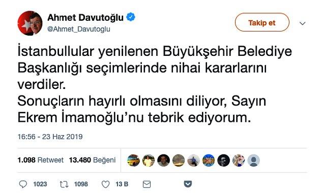 18. Eski Başbakan Davutoğlu da İmamoğlu'nu tebrik etti.