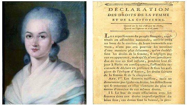 4. Olympe De Gouges: Fransız yazar özellikle sıkı bir kadın hakları savunucusuydu. Dönemin erkek egemen bir bildirgesine cevaben Kadın ve Yurttaş Hakları Bildirgesi`ni yayımladı ve fikirleri sebebiyle giyotin ile idam edildi.