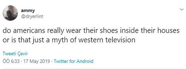 19. "Amerikanlar gerçekten evlerinin içinde ayakkabı mı giyiyorlar yoksa bu bir Batı televizyon efsanesi mi?"