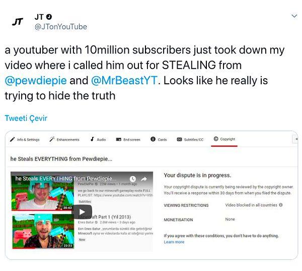 Çalıntı içerikleri ifşa eden JTonYouTube isimli hesap bir video oluşturarak Enes Batur'un ünlü YouTuber'lar PewDiePie ve MrBeast'ten format çaldığını iddia etti.