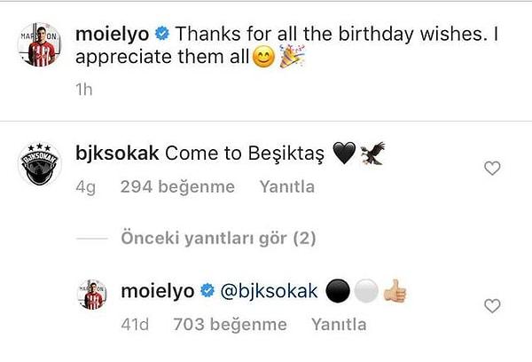 Tecrübeli futbolcu, Instagram hesabına Siyah-Beyazlı taraftarlardan gelen, ‘Come to Beşiktaş’ (Beşiktaş’a gel) yorumlarına kayıtsız kalamadı.