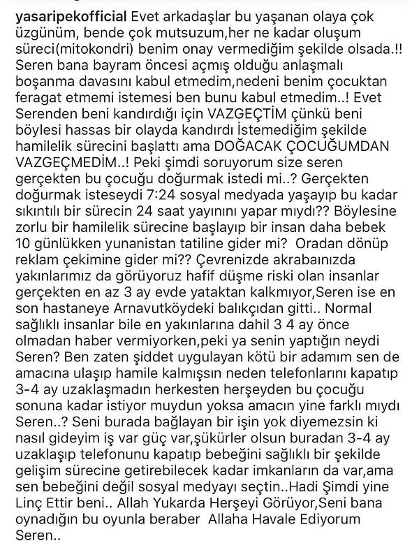 Yaşar İpek ise Seren Serengil'in bebeğini kaybetmesinin ardından sosyal medya üzerinden bir açıklama yaptı.