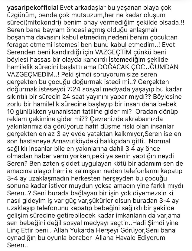 Yaşar İpek ise Seren Serengil'in bebeğini kaybetmesinin ardından sosyal medya üzerinden bir açıklama yaptı.