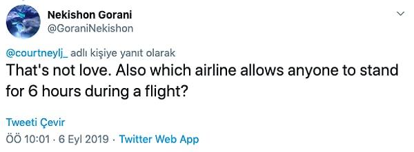 "Bu aşk değil. Ayrıca hangi havayolu uçuş sırasında birinin 6 saat ayakta durmasına izin verir ki?"