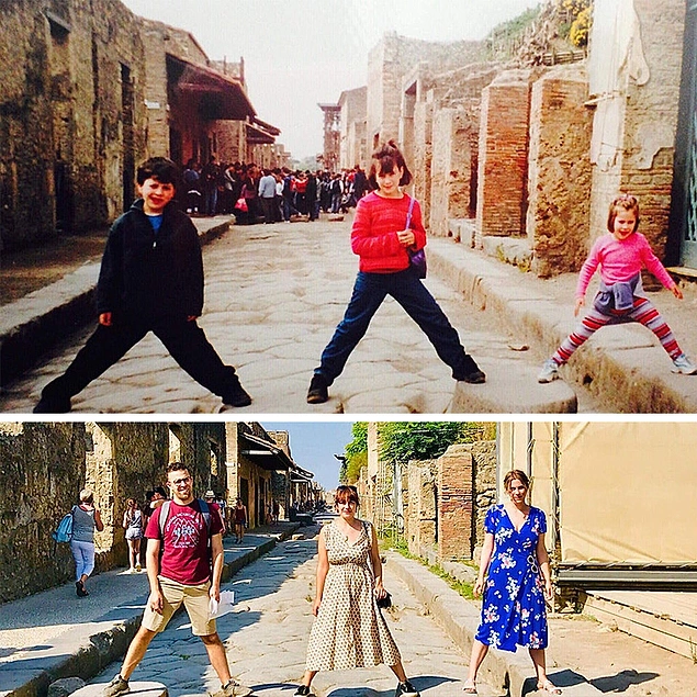 “Kız kardeşlerim ve ben Pompeii'de, 15 yıl sonra aynı yerde aynı fotoğrafı yeniden çektik!"