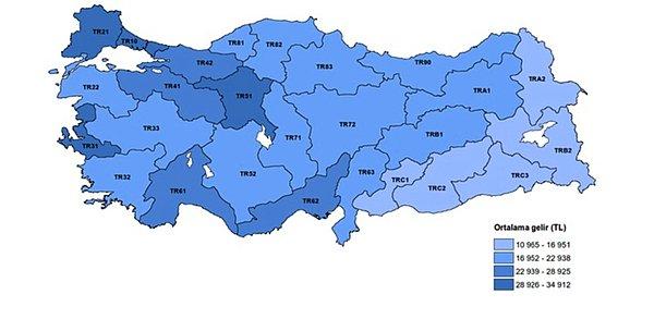 Ortalama yıllık eşdeğer hanehalkı kullanılabilir fert gelirinin 34 bin 912 TL ile TR10 (İstanbul) Bölgesi oldu.