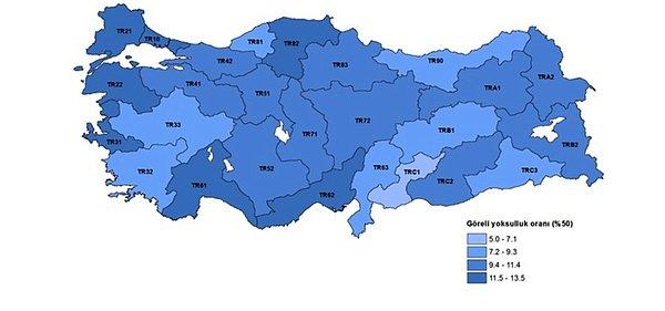 Göreli yoksulluk oranı en düşük bölge TRC1 (Gaziantep, Adıyaman, Kilis) oldu.