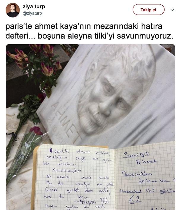 Paris'te Ahmet Kaya'nın mezarını da ziyaret eden Aleyna'nın yazdığı notu bir Twitter kullanıcısı buldu ve fotoğrafını çekip yayınladı.