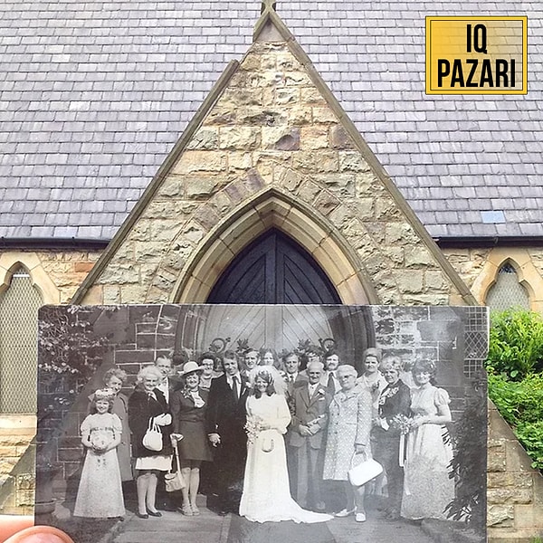 Belki de yüzyıllardır değişmeyen yegâne şey gelenekler. Mekanlar da değişmemiş aslında, burası bir kilise ve nikah sonrası çekilen fotoğraf.