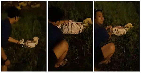 Tayland'da yaşanan olayda, yolun kenarından geçen gençler çuvala sıkıca bağlanan tatlı yavru köpeğin ağlama sesini duydu.