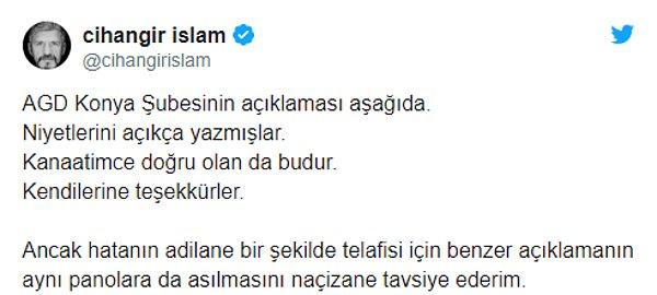 SP İstanbul Milletvekili Cihangir İslam: "Benzer açıklamanın aynı panolara da asılmasını naçizane tavsiye ederim"