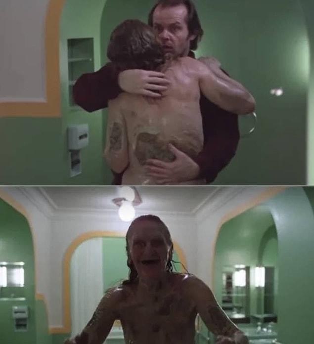 8. 'Cinnet' filminde, Jack'in 237 numaralı odadaki kadınla öpüşmesi ve kadının yaşlı birine dönüşmesi: