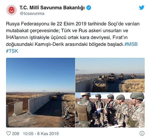 Milli Savunma Bakanlığı, ortak kara devriyesinin Kamışlı-Derik arasındaki bölgede başladığını duyurmuştu