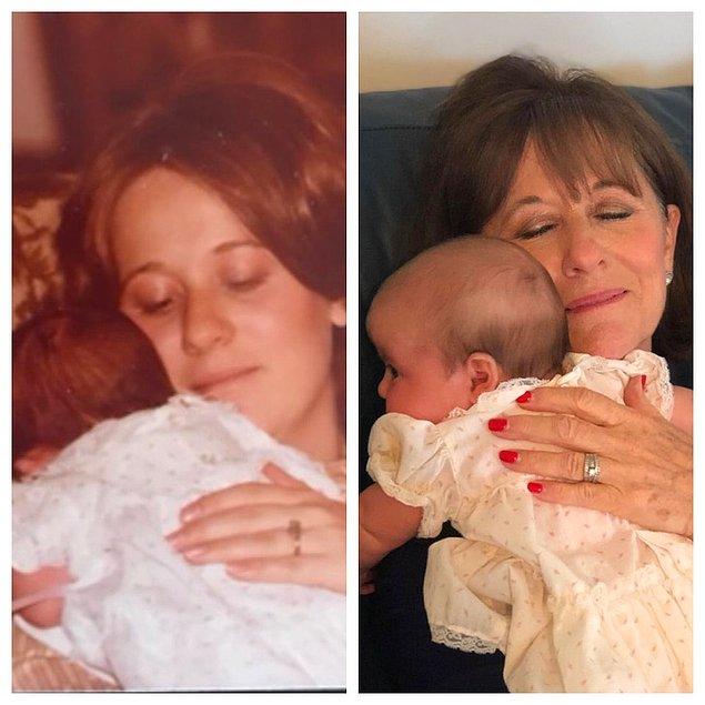5. "1979 yılında beni kucağında tutan annem ve 2019 yılında aynı elbiseyi giyen kızımı kucağına alan annem..."