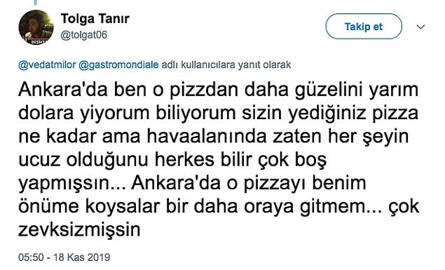 Fakat Tolga Tanır isimli takipçi, Milor'un uzmanlık konusundan daha uzman bir yorum yaptı ve ünlü gurmeye "BOŞ YAPMA" dedi :)))))