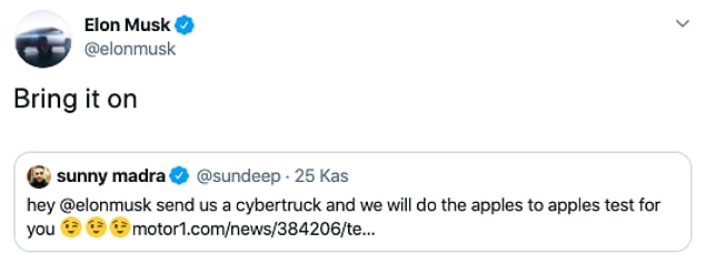Tabii Ford X başkan yardımcısı Sundeep Madra da boş durmadı ve 'hamleni görüyor ve bahsi arttırıyorum' diyerek Elon Musk'tan bir Cybertruck istedi.