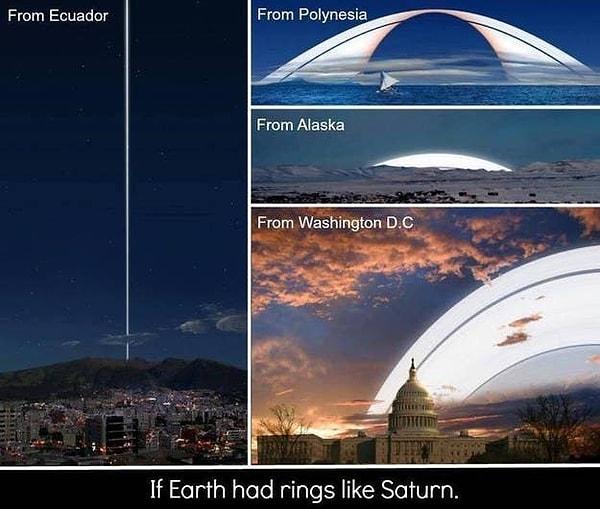 7. Hazır buralara gelmişken, eğer Dünya Satürn’ün halkalarına sahip olsaydı, manzarası nasıl olurdu: