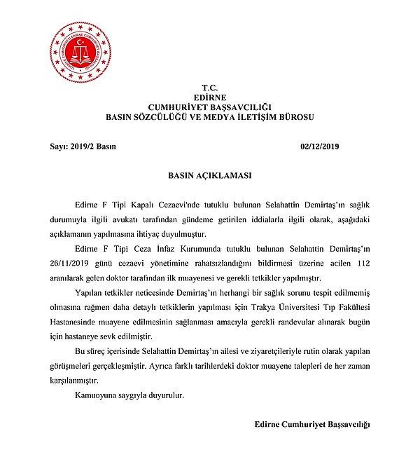 Edirne Cumhuriyet Başsavcılığı tarafından yapılan açıklamada şu ifadelere yer verildi 👇