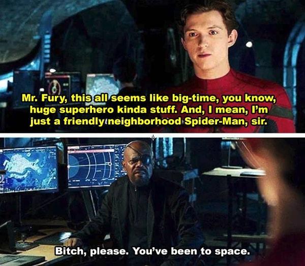 3. Spider-Man: Far From Home'da Samuel L. Jackson ve Tom Holland ile konuştuğu ikonik sahne aslında doğaçlamaydı.