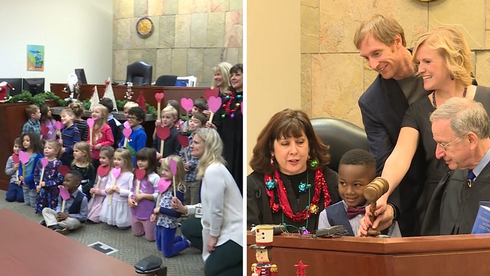 Evlat Edinilme Anındaki Mutluluğunu Paylaşmak İçin Sınıf Arkadaşlarını Mahkeme Salonuna Çağıran Ufaklık!